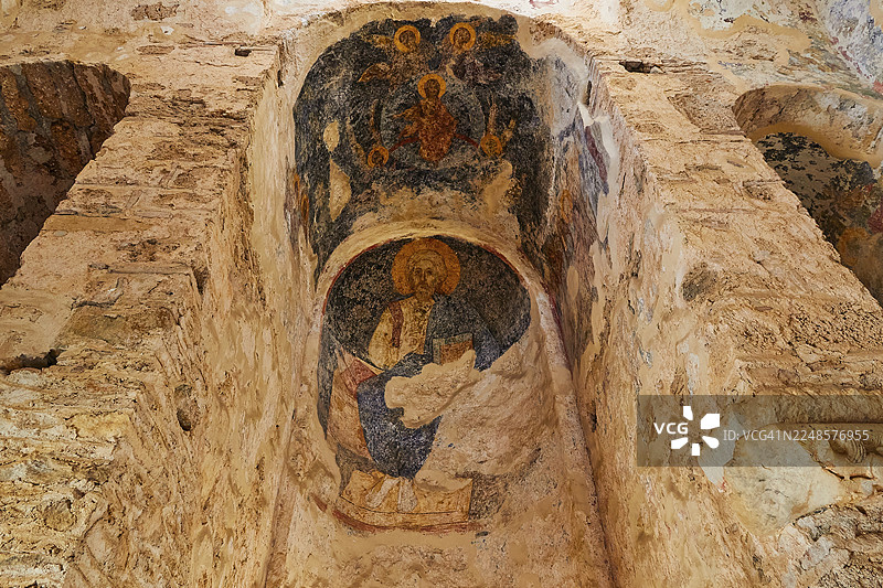 14世纪圣索菲亚教堂，墙上描绘宗教场景的古老壁画，米斯特拉斯，米斯特拉，联合国教科文组织世界遗产，中世纪拜占庭废墟城市，斯巴达西北部，泰格托斯山脉的山麓，伯罗奔尼撒半岛图片素材
