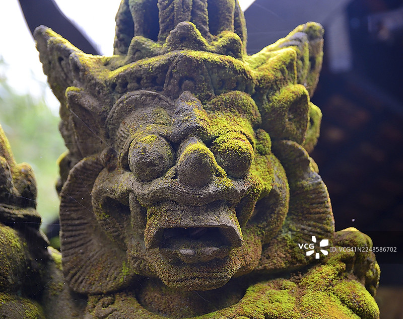 特写镜头，一座布满苔藓的饱经风霜的巴厘岛传统石雕，彰显了巴厘岛丰富的文化遗产图片素材