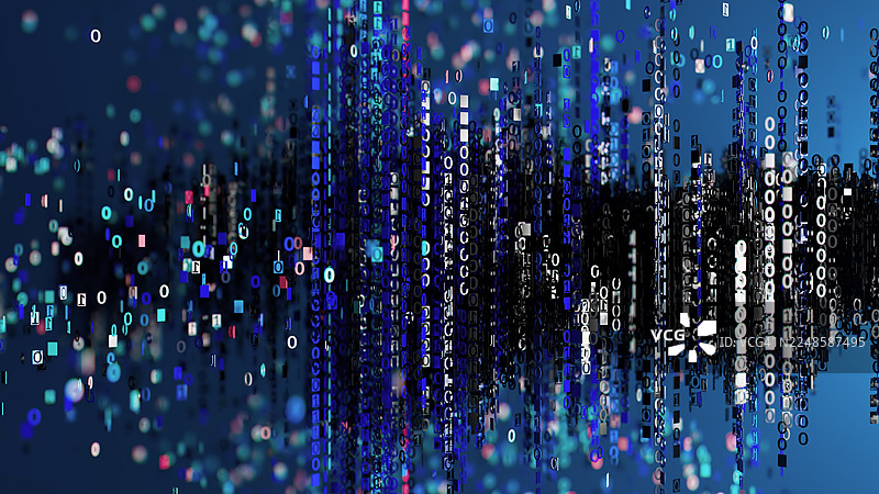 深蓝色背景上充满活力的数字数据流，带有彩色比特和波形图片素材
