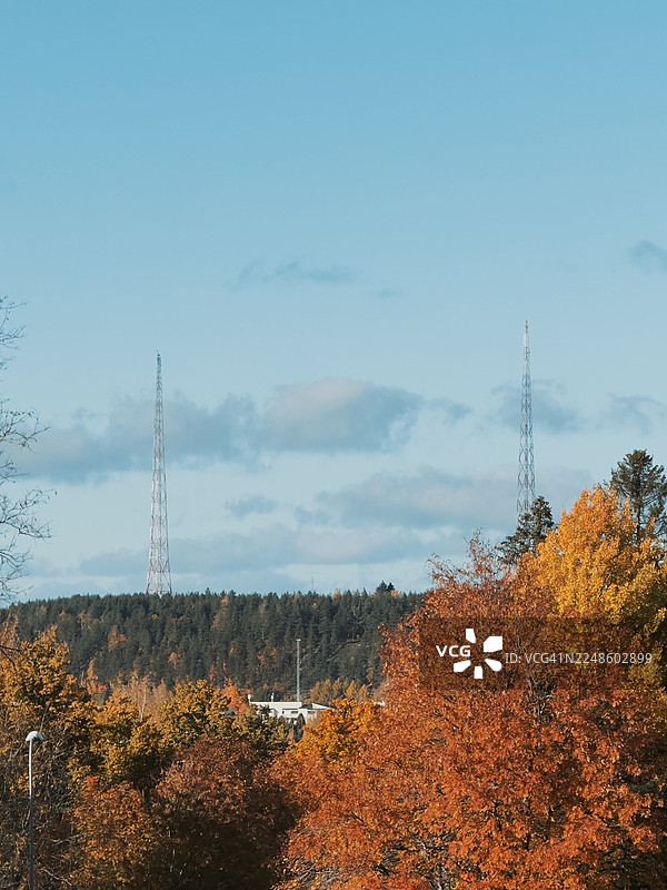 秋季森林，拥有鲜艳的秋叶和通讯塔，背景是蓝天，地点在芬兰拉赫蒂，地址是Luhtikatu g。图片素材