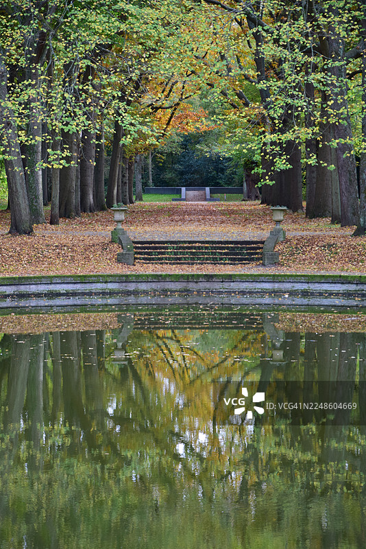 秋季荷兰比克斯坦·费尔森一处宁静公园的风景，有倒映着景色的湖泊和绿树成荫的小径图片素材