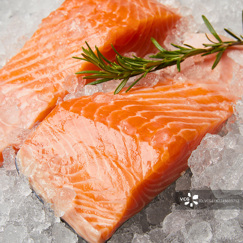 新鲜的迷迭香三文鱼片放在冰上，准备烹饪图片素材