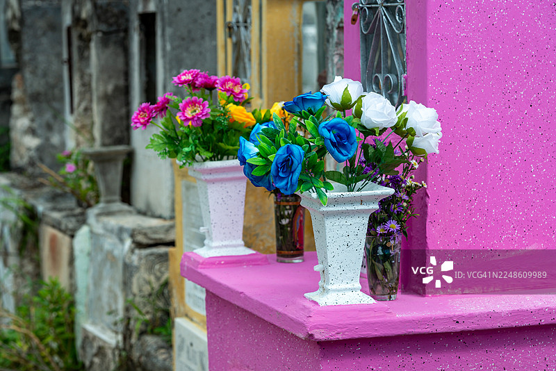 粉色台面上摆放着白色花瓶中的鲜艳人造花，背景是模糊的墓碑，在墓地环境中形成鲜明的色彩对比，墨西哥图片素材