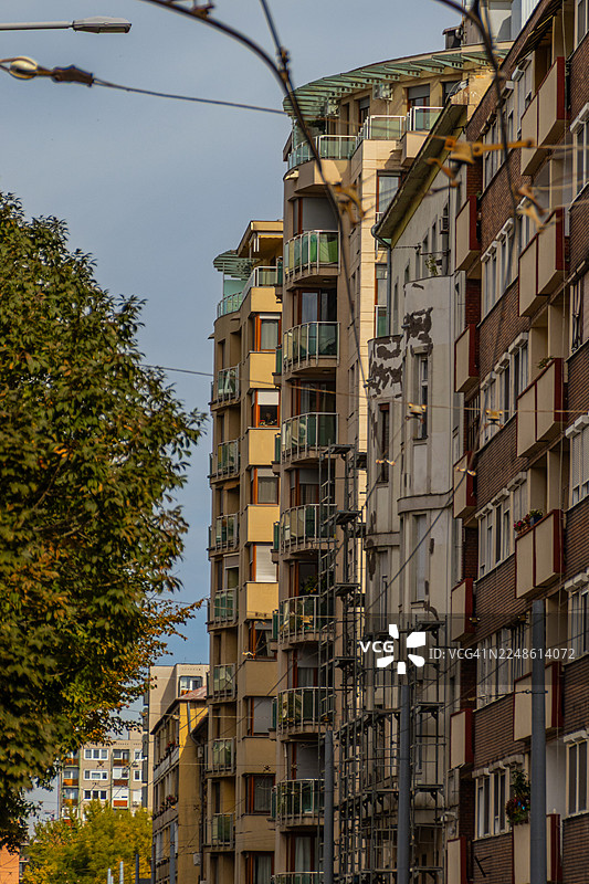 低角度拍摄，现代和老式公寓楼在晴朗的天空下，前景是茂密的绿树，匈牙利布达佩斯图片素材