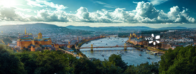 匈牙利布达佩斯城市景观鸟瞰图，包含多瑙河与链桥，摄于黄昏时分图片素材