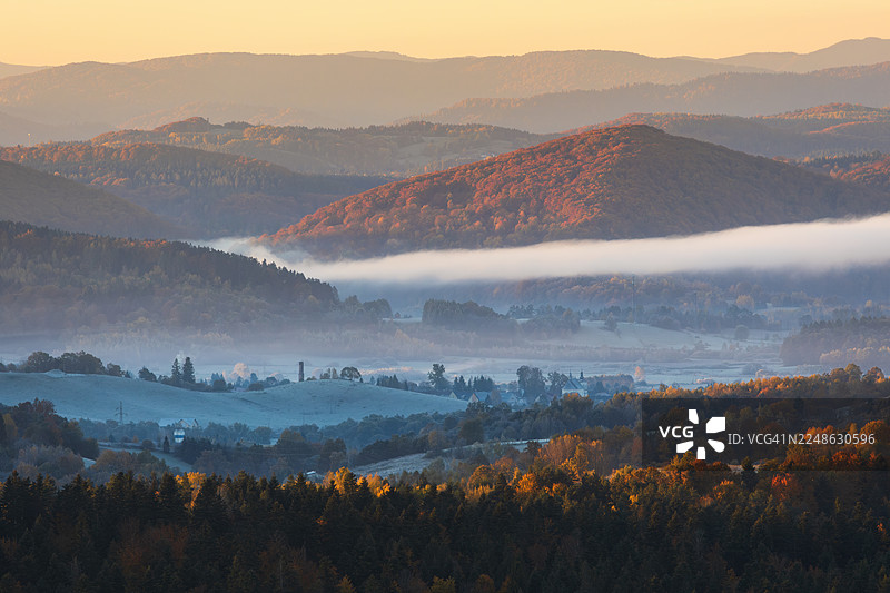 波兰莱斯科·别兹梅霍瓦多尔纳，日出时分，薄雾笼罩下的山地风景，色彩斑斓的秋季树木图片素材