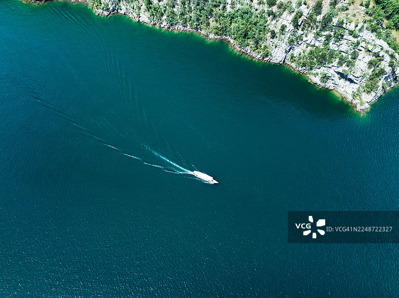 从高处拍摄的科曼湖上的摩托艇，位于阿尔巴尼亚斯库台县图片素材