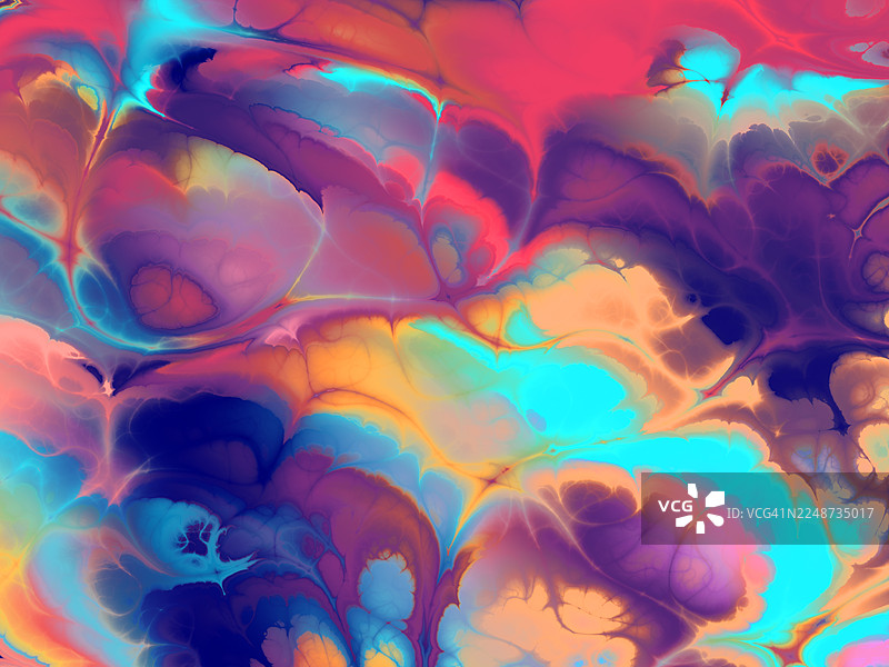 迷幻漩涡背景：鲜艳色彩融合。动态抽象背景，具有电光蓝、炽热红和阳光黄的混合漩涡图案。图片素材