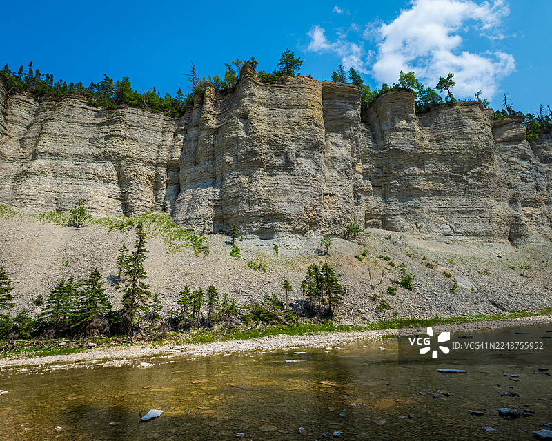 加拿大魁北克省安提科斯蒂岛，晴朗天气下，近瓦奥雷瀑布的峡谷、石崖、浅河、坠落巨石和北方森林在蓝天下图片素材