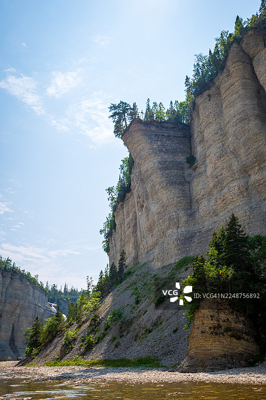 加拿大魁北克省安提科斯蒂岛，伏罗尔瀑布附近，晴天下的蓝天、陡峭峡谷、石崖、浅滩河流、坠落的巨石和北方森林图片素材