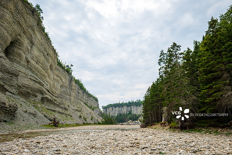 加拿大魁北克省安提科斯蒂岛，伏罗尔瀑布附近，晴天下的蓝天，坡度陡峭的峡谷、石崖、浅滩河流、倒下的巨石和北方森林图片素材