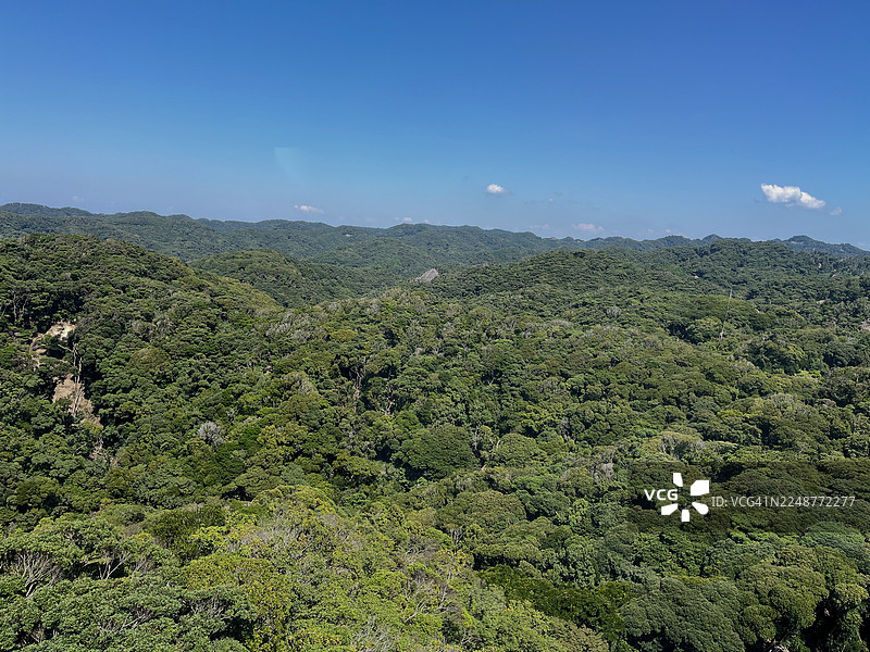阳光明媚的晴天，碧空如洗，绿意葱茏的山峦与茂密的森林图片素材