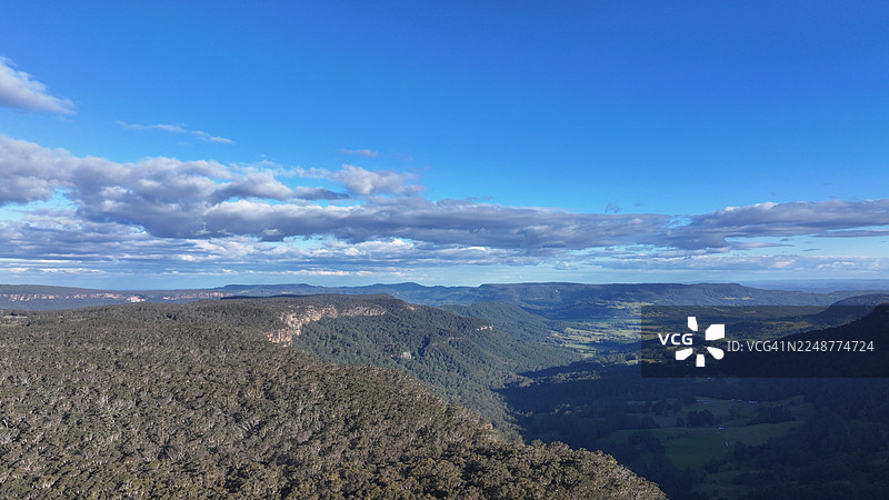 澳大利亚温吉卡里比山谷与山脉的广阔风景，天空湛蓝，点缀着几朵白云图片素材