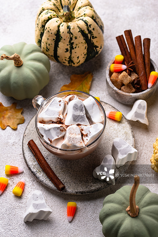 桌子上万圣节热巧克力，上面有鬼形棉花糖、南瓜和糖果玉米，俯视视角图片素材