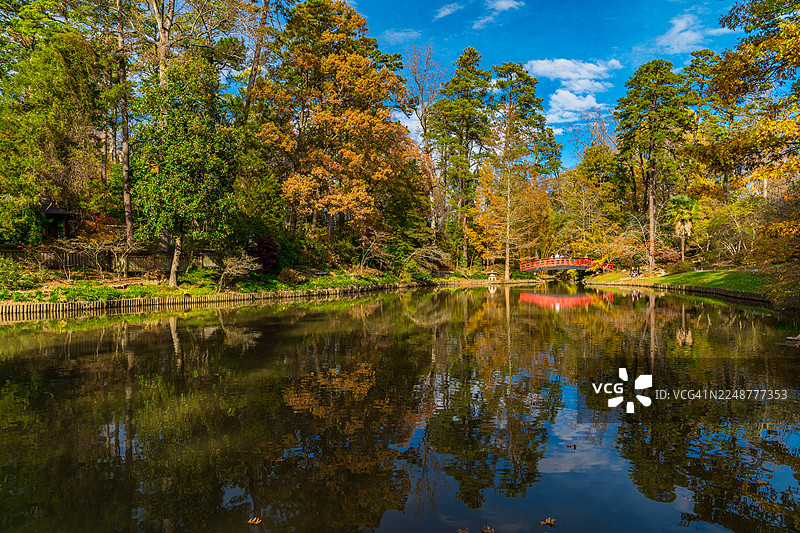 美国杜勒姆，蓝天下，一座红色桥梁倒映在宁静的湖面上，湖边是色彩鲜艳的秋季树木图片素材