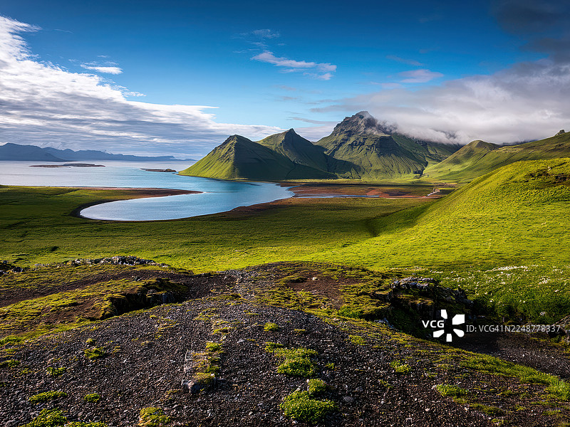 冰岛霍恩斯特兰迪尔自然保护区，令人惊叹的绿色山脉景观，蜿蜒的河流和多云的蓝天图片素材