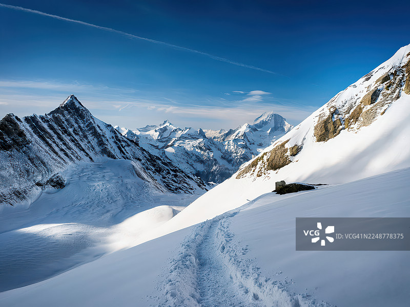 晴朗蓝天下雄伟的雪山，新鲜的雪地里有一条蜿蜒的小路，瑞士，小屋图片素材