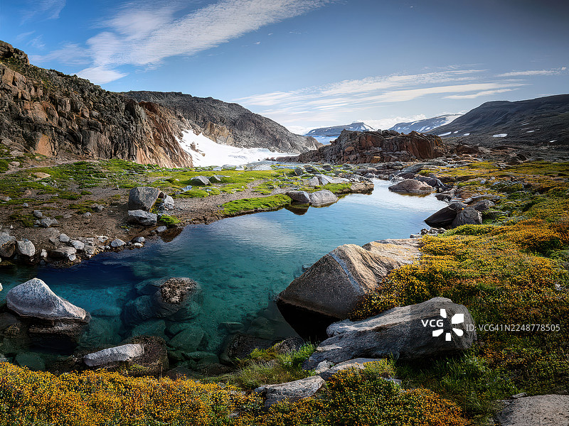 格陵兰乌纳托克，壮丽的山湖美景，碧蓝清澈的湖水，周围是岩石地形，远方是白雪皑皑的山峰，明媚的天空。图片素材