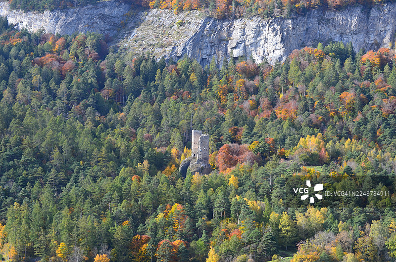 从高处俯瞰秋季的森林,废弃的城堡塔楼坐落在树林中,背景是嶙峋的悬崖,瑞士库尔,哈尔登施泰因图片素材
