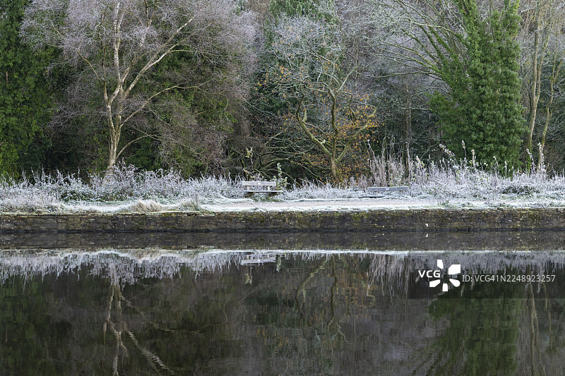 英格兰斯托克波特伊瑟罗乡村公园湖畔美丽的冬日清晨图片素材