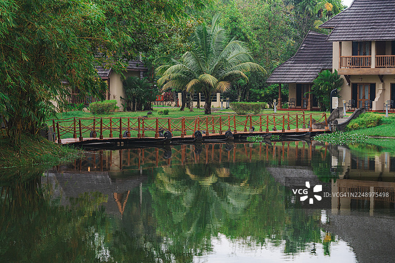 苏里度假村（印度喀拉拉邦库马尔科拉姆）湖畔度假村，树木间的桥梁结构图片素材