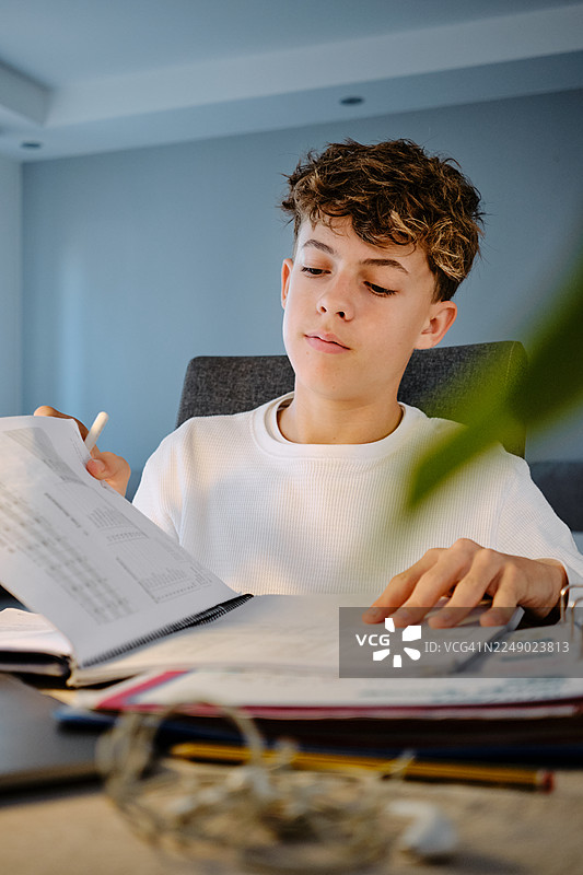 青少年在家里的书桌前学习功课图片素材