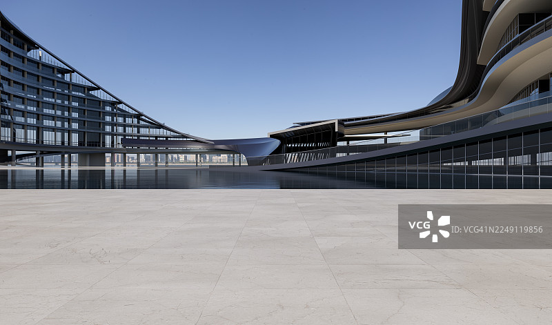 现代化弧形建筑群，通过连接体跨越水面相连图片素材