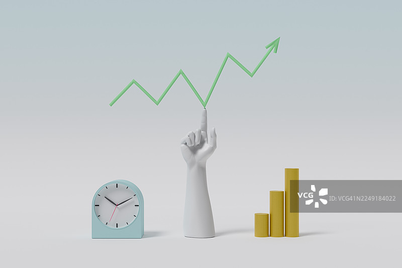 一只手模型上放着一个正在平衡的图表，一个台钟和叠起来的硬币图片素材