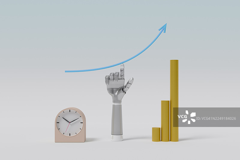 一个AI机器人手里托着一个图表，旁边有台钟和叠起来的硬币图片素材
