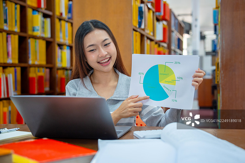 亚洲女学生在图书馆通过电脑笔记本进行视频会议和在线学习，与老师互动。返校季教育知识大学概念。年轻女性使用电脑笔记本工作。图片素材