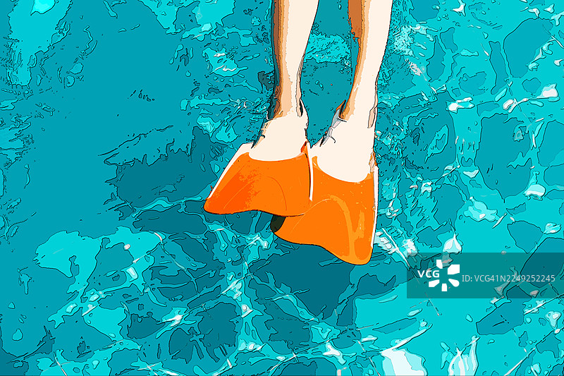 亮橙色的游泳脚蹼漂浮在绿松石色的水面上，暗示着动感、冒险和水上健身，捕捉了为泳池或海滩活动做准备的瞬间。图片素材