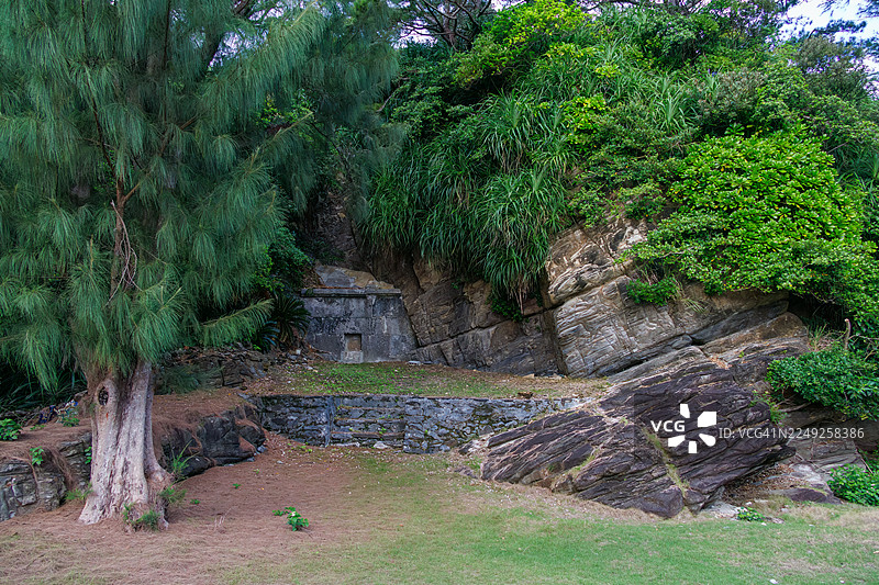 港口附近的宇多岐（冲绳特有的圣地）的鸟居。庆良间鹿（赤鹿）是国家天然纪念物。虽然是稀有的野生动物，但白天在镇上很常见。赤崎港、赤崎岛、冲绳。热带天堂。图片素材