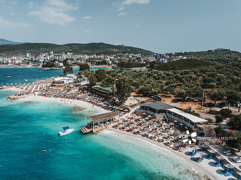 夏季萨兰达海滩的鸟瞰图，阿尔巴尼亚里维埃拉，阿尔巴尼亚图片素材