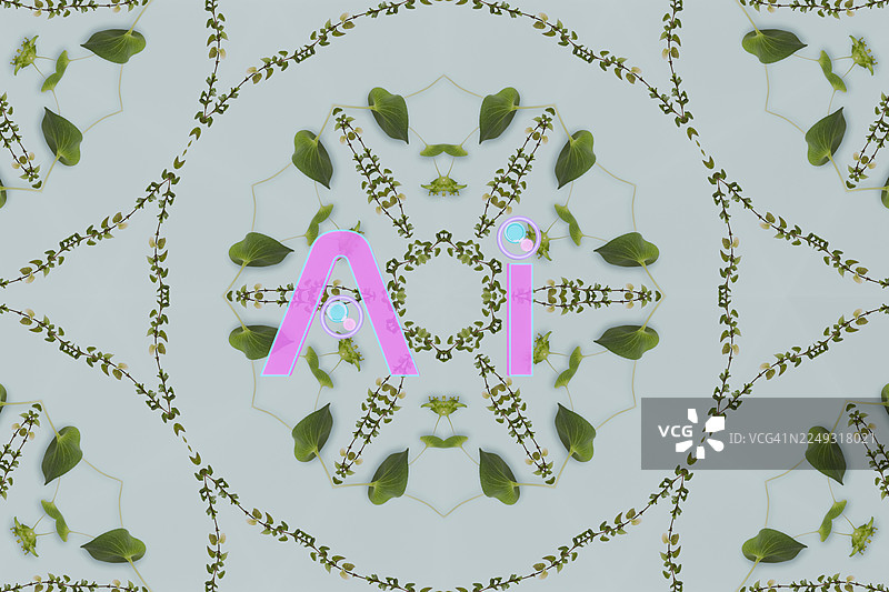 融合了鲜花、绿叶和AI符号的万花筒图片素材