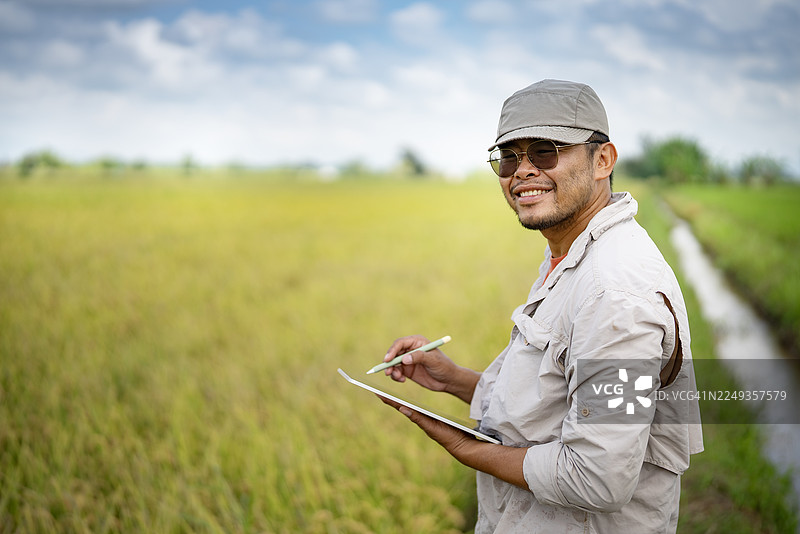 一位亚洲农民或农业研究员跪在绿色的稻田里，在明媚的天空下观察作物并通过数字平板电脑记录数据。图片素材