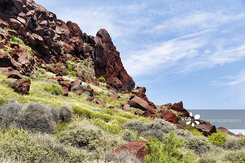 红岩石，火山岩，典型景观，靠近圣托里尼阿克罗蒂里，基克拉泽斯，希腊图片素材