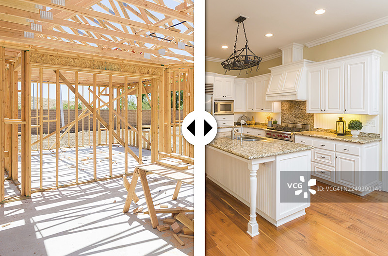 前后对比滑块，展示木结构建造过程和完工的定制厨房图片素材