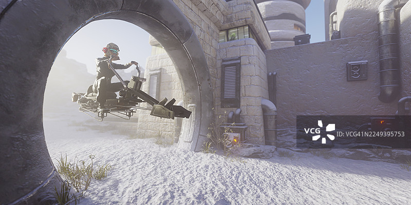 未来主义的冬季基地，一名女子骑着悬浮摩托车穿越圆形门图片素材