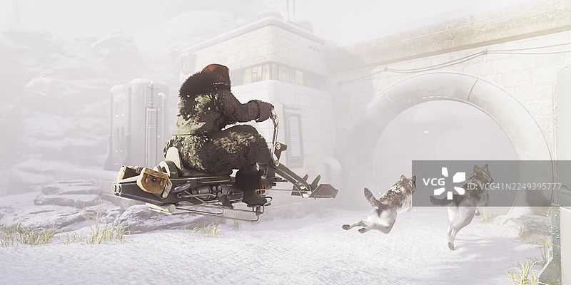 未来派冬季基地，一名非洲男子骑着悬浮摩托车带着狗图片素材