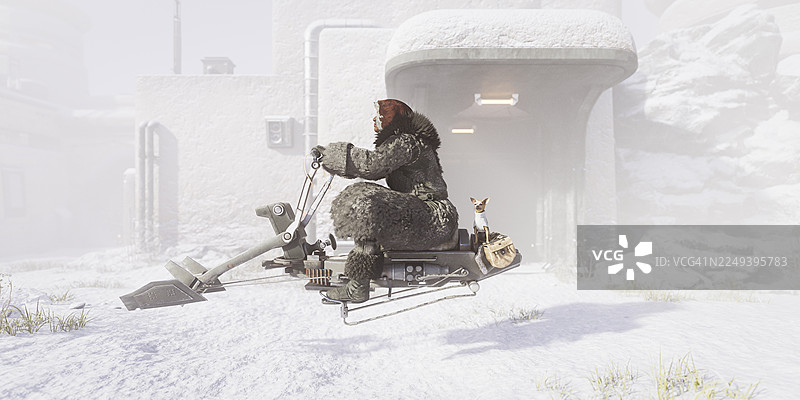 一名非洲男子在冬季骑着悬浮自行车穿梭于未来主义建筑群中图片素材