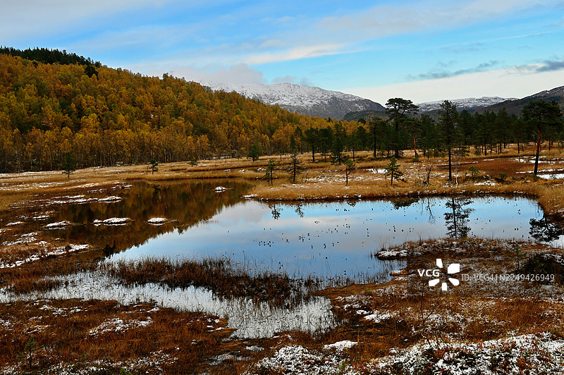 挪威山峡的湖泊风景，湖面倒映着色彩斑斓的秋季森林和雪山，天空湛蓝图片素材