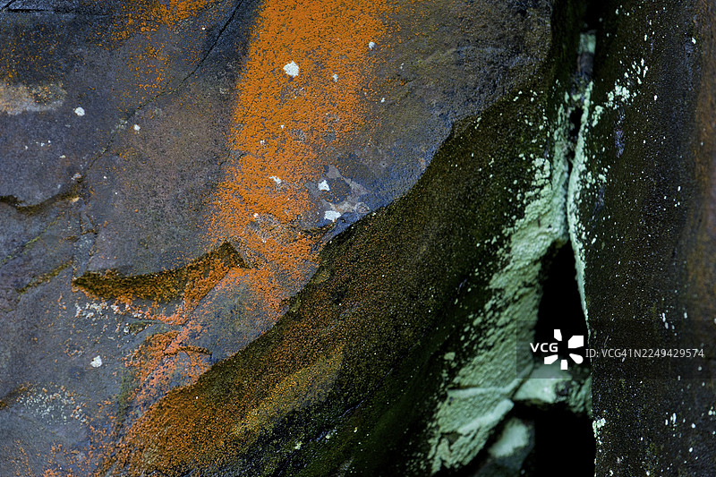 被橙色和绿色地衣覆盖的岩石，米基内斯，乌斯图伊格，法罗群岛，丹麦图片素材