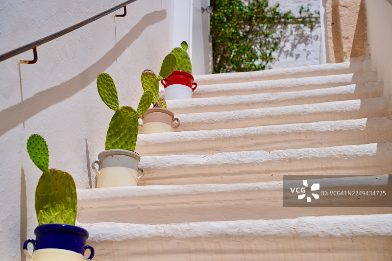 在明亮的阳光下，白色墙壁上有一个白色的楼梯，旁边摆放着盆栽的绿色仙人掌，向上延伸。图片素材