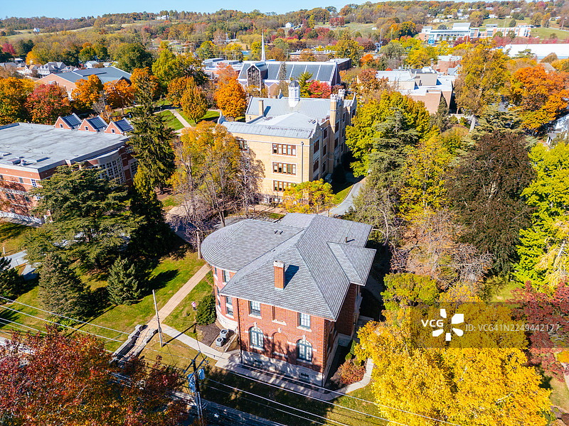 秋季城市校园的高角度视图，有色彩缤纷的树木、历史建筑和晴朗的天空图片素材