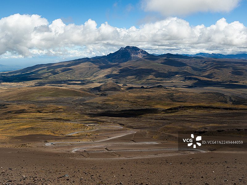 厄瓜多尔科托帕希，多云天空下的广阔山地景观中的蜿蜒道路，展现了自然的粗犷之美图片素材
