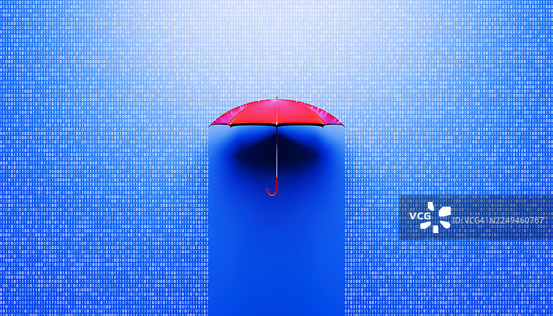 红色雨伞在二进制雨中 - 数字保护概念图片素材