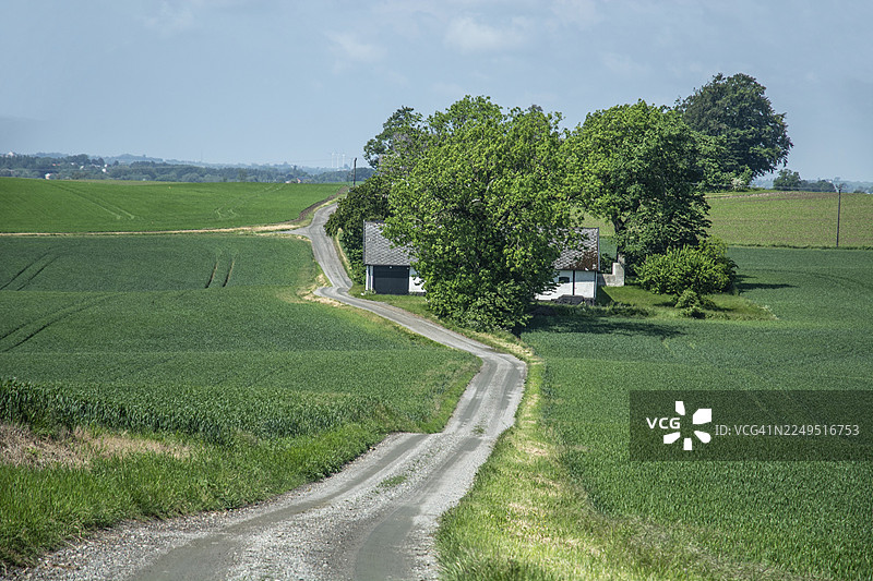 瑞典斯堪尼亚县马尔摩市延雪平市斯约鲁普春季小农场景观中的小碎石路图片素材