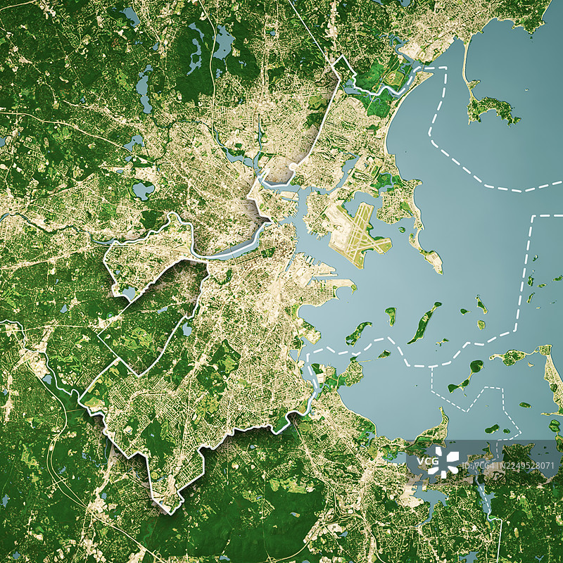 马萨诸塞州萨福克县三维渲染彩色边框卫星地形图图片素材