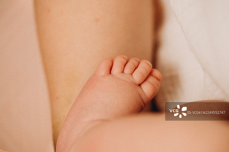 新生儿的小脚丫放在父母的腿上图片素材