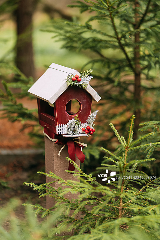 装饰成圣诞风格的鸟屋，位于冬季森林中图片素材